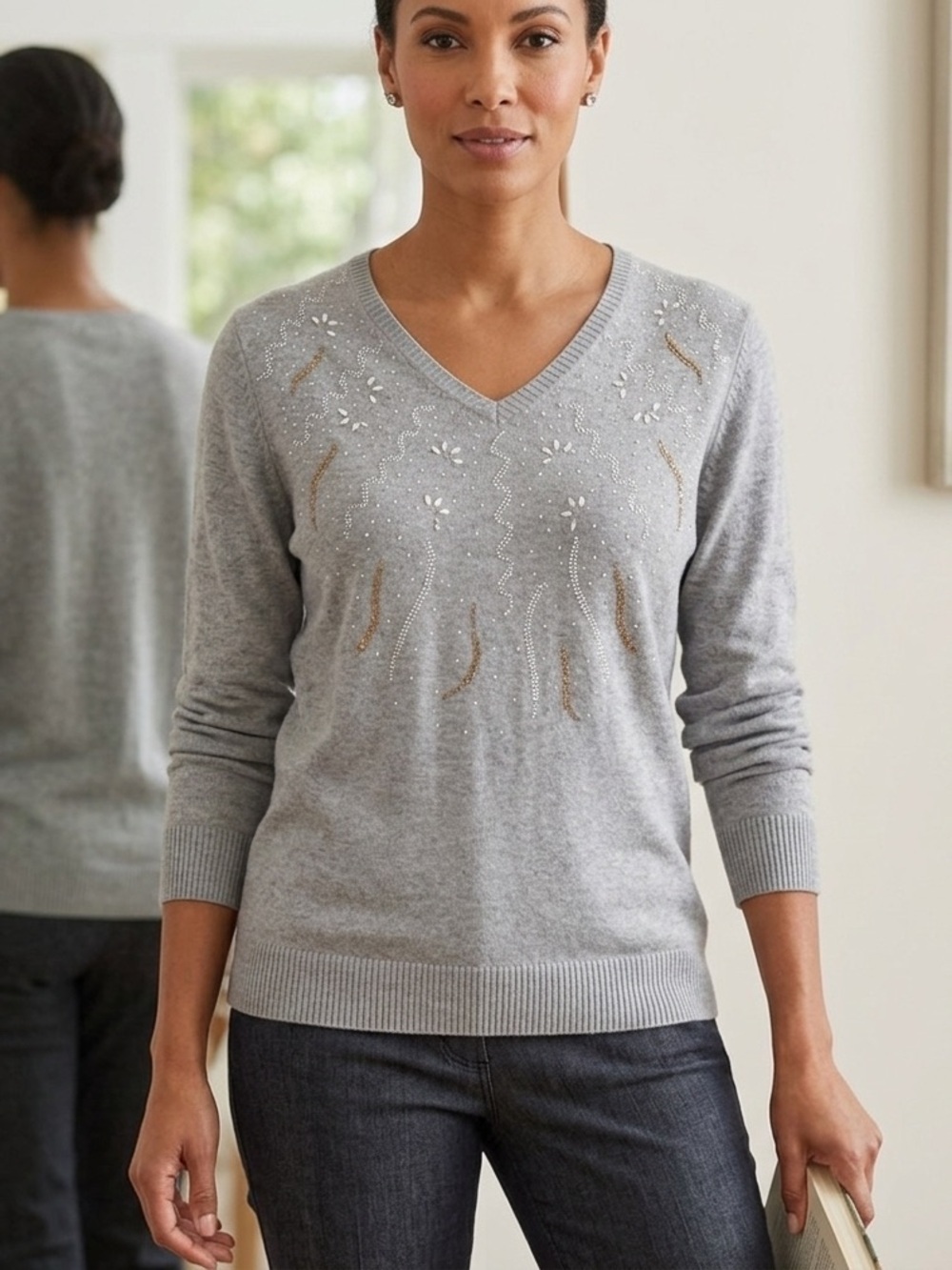 Cocobleu Gray Embellished Knit V-Neck Sweater Size Small.
